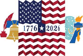 Obraz premium Usa 1776 to 2026 semicentennial with liberty bell, quill pen, torch, and fingerprint pattern