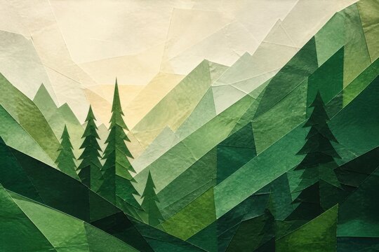 Abstract geometric green mountain landscape with pine trees
