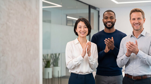 Group of business people smiling and clapping hands in a modern corporate office, celebrating success