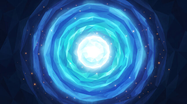 Glowing white crystal core inside blue spiral tunnel, low poly abstract space background
