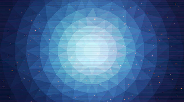 Blue low poly geometric background with glowing light center and sparkle particles