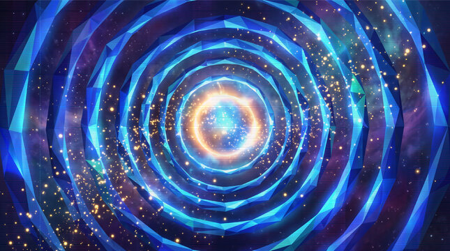 Cosmic wormhole tunnel with glowing star portal, blue crystal spiral galaxy background