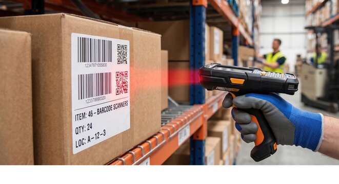 Warehouse Worker Scanning Barcode on Cardboard Box