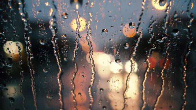 Rain-streaked window, city lights blurred, nighttime