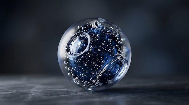 Transparent blue glass sphere with internal bubbles on dark stone