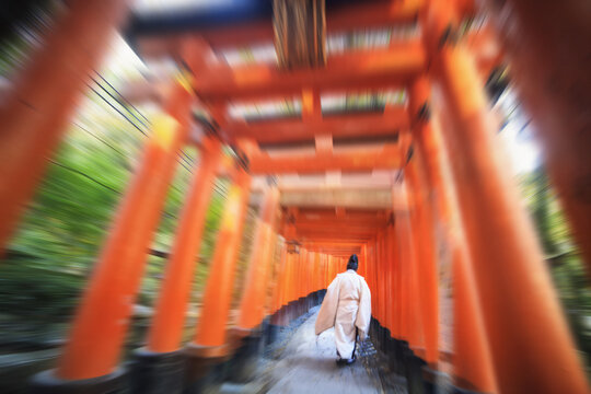The a person walks down a long, vibrant corridor of red torii gates, framed by dramatic perspective and motion blur.