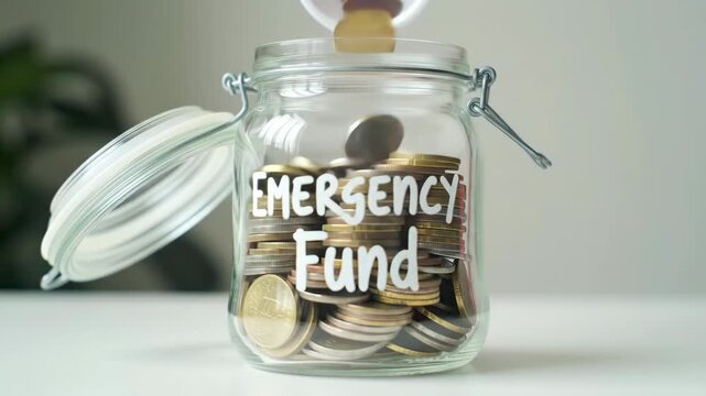 Coins added to glass emergency fund jar indoors