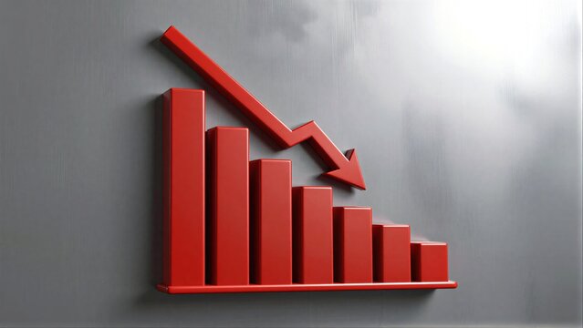 Red bar graph with downward arrow symbolizes declining trends or negative performance.