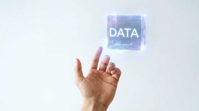 Hand pointing to virtual glowing hologram cube with data text on clean white background