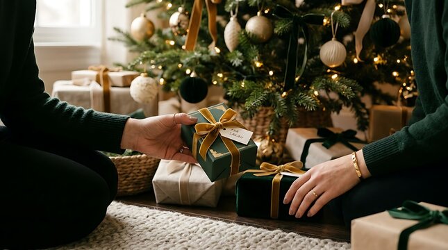 Friends exchanging elegant green christmas gifts under a tree