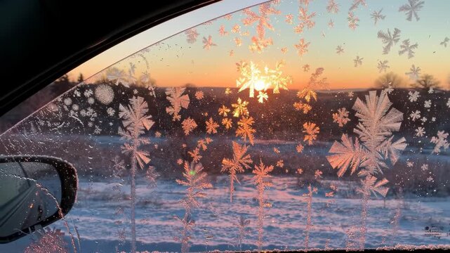 Frozen car window sunrise; snowflakes, winter landscape