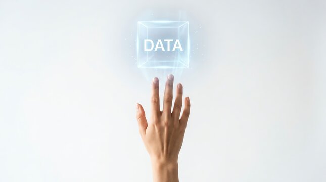 Hand reaching to touch a glowing digital hologram of a data cube, technology concept