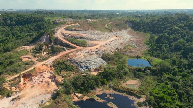 Aerial drone footage over the municipal solid waste disposal site in Santarem, Para, Brazil. The footage captures the open-air disposal of urban solid waste, waste accumulation and disposal areas