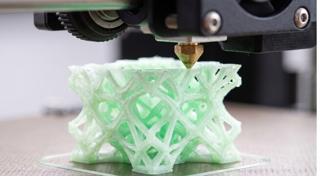 3D Printer Printing Geometric Object in Green Plastic