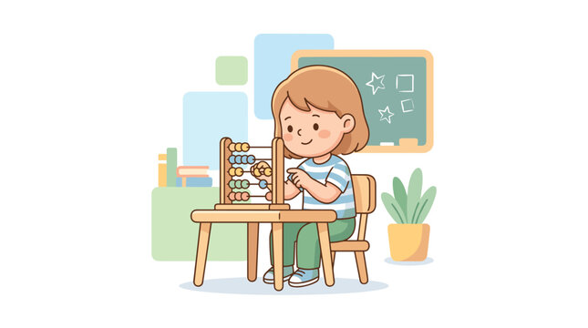 Young student diligently learning mathematics with an abacus at a desk in a cheerful classroom setting with educational elements