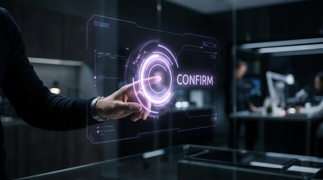 A professional interacting with a futuristic holographic digital interface to confirm a command in a modern high tech office environment