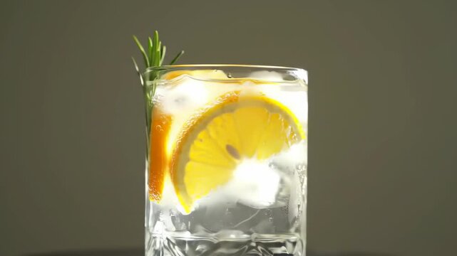 Iced citrus drink, rosemary garnish, dark background, refreshment
