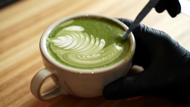 Matcha latte art, cafe, wooden table, milk pouring
