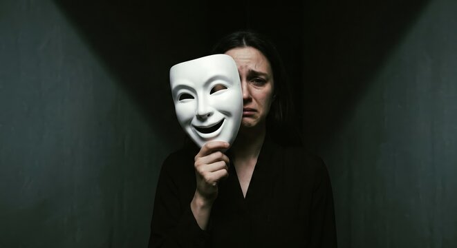 Crying Woman Hiding Face Behind a Smiling Mask