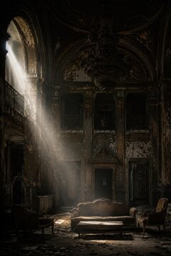 Dust Beam Light Inside an Abandoned Grand Hotel Lobby