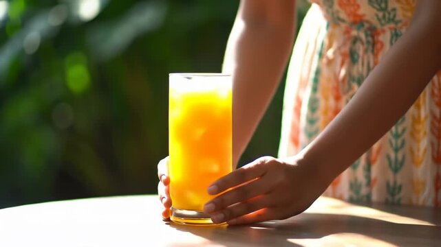 Woman's hand holding iced juice outdoors
