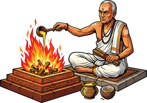 Elderly hindu priest performing yagna ritual, pouring ghee into sacred fire with traditional utensils