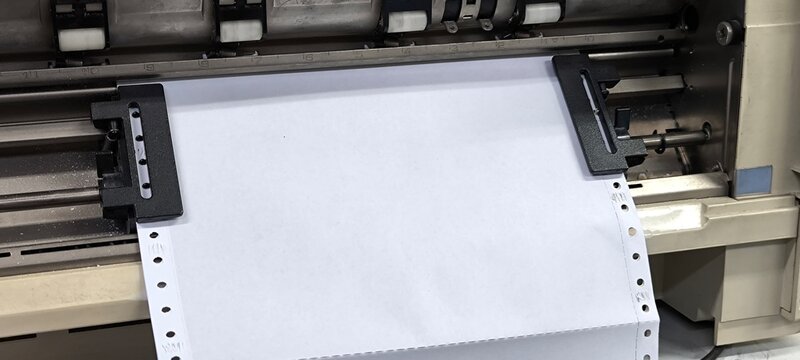 Paper in a continuous printer for printing copies.