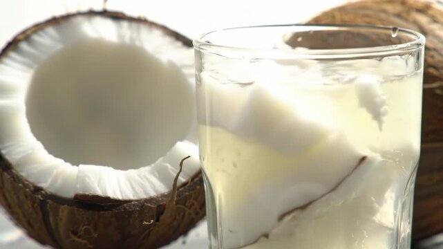 Coconut water pouring into glass, close-up