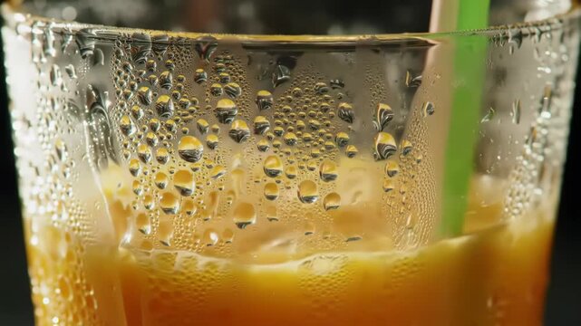 Cold orange juice glass with straw, droplets, bokeh