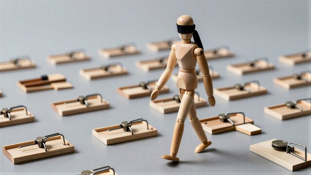 Blindfolded wooden figure walks through traps, symbolizing risk and uncertainty.