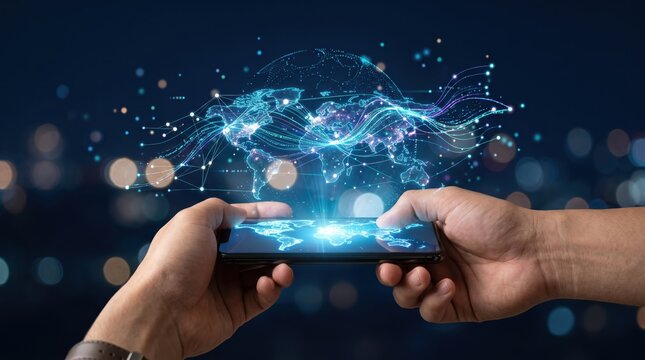 Hands holding smartphone displaying glowing holographic world map with network connections, symbolizing global communication technology and digital internet connectivity.