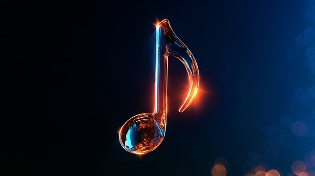A 3D CG illustration of a three-dimensional glass eighth note glowing in the darkness