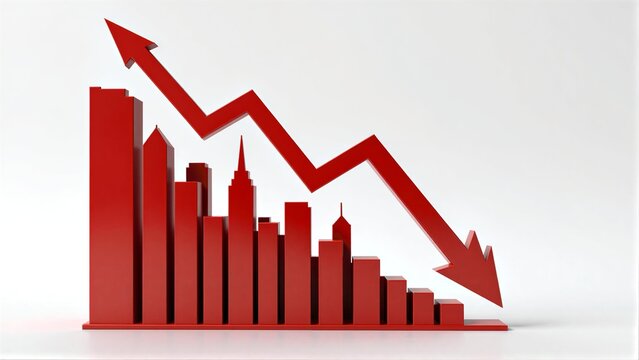 Red arrow points down over city skyline, symbolizing economic decline.