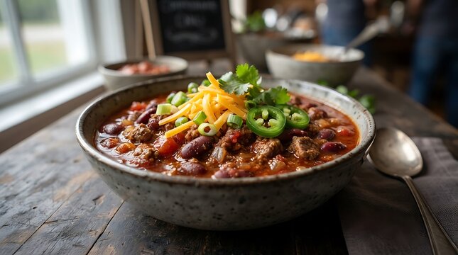 Delicious bowl of hot chili con carne with red beans cheese and jalape&ntilde;o peppers on a wooden table. chili cookoff