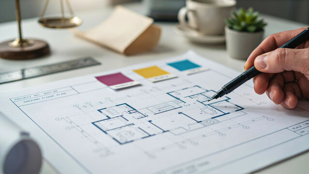 Architect reviewing a house floor plan with a pen on a desk in an office setting with detailed residential architectural mark details detailed person uses pen