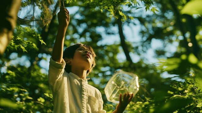 A boy collecting insects in the forest with an insect net and an insect cage