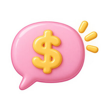 3D illustration of a pink speech bubble with a dollar symbol representing financial communication, money advice, and customer support.