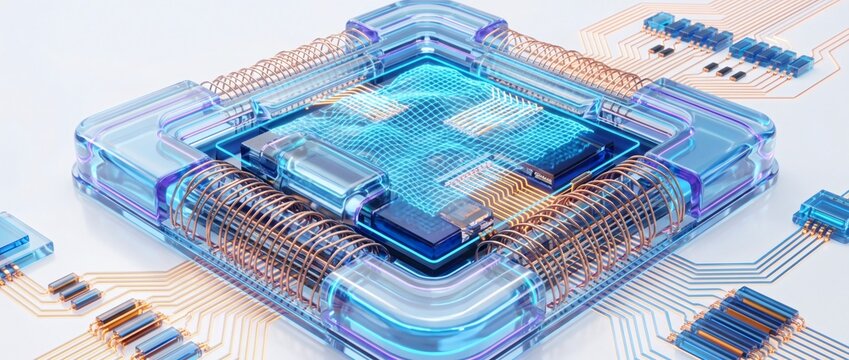 High performance computing microprocessor, square CPU microchip seated on glowing motherboard socket. Illuminated optical semiconductor traces transfer high throughput digital signals on board.
