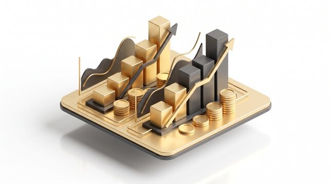 3D isometric financial growth chart with gold coins and upward arrows representing business success