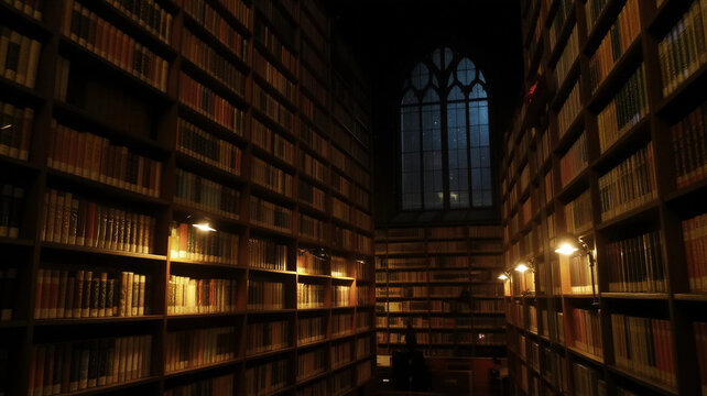 Magical Library Interior Under a Starry Night Sky