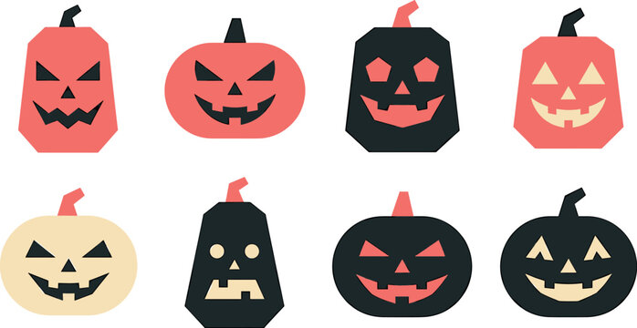 Geometric low poly Halloween pumpkin vector set featuring abstract jack o lantern icons with spooky faces on white background