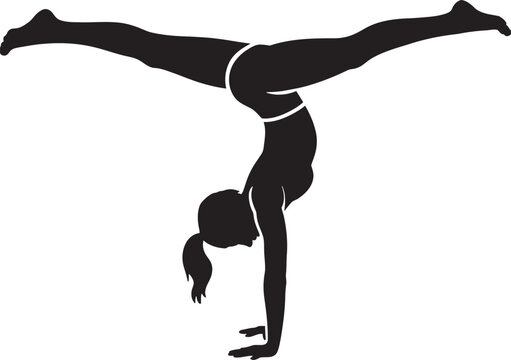 A simple black silhouette illustration of a fit woman performing a handstand split, representing yoga, gymnastics, fitness, and strength.