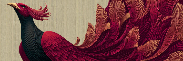 Obraz premium Ornate fantasy phoenix bird with crimson and gold filigree feathers and a dark navy body on textured beige linen for elegant wall decor and banner art