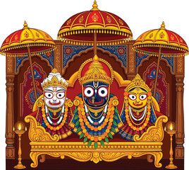 Fototapeta premium Jagannath, balabhadra, and subhadra deities on ornate golden throne puri