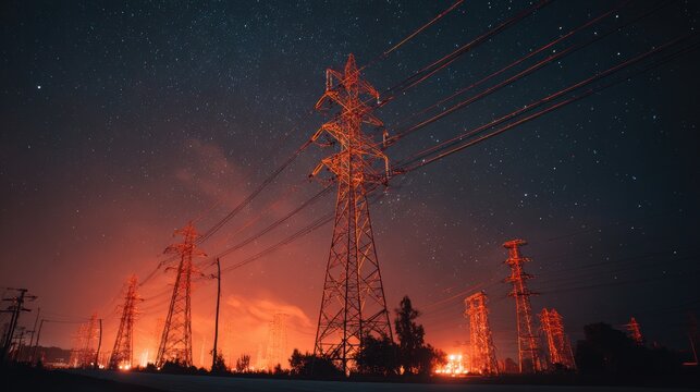 Electricity transmission towers with orange glowing wires the starry night sky. Energy infrastructure concept, energy, electricity, voltage, supply, pylon, technology