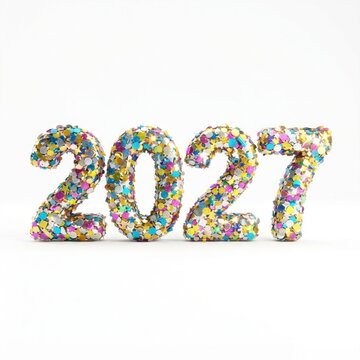 Colorful confetti forming 2027 year text in studio setting with vibrant particle effects