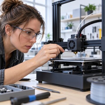 Engineer Calibrating a Desktop 3D Printer Nozzle