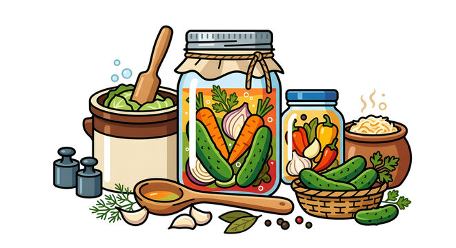 Fermented vegetables preserved jars vector illustration