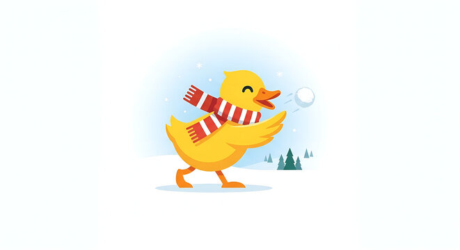 Yellow duckling throwing snowball winter illustration