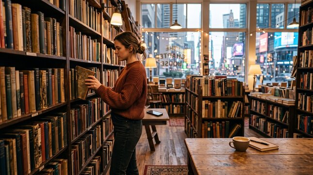 Young Adult Browsing Books in Cozy Independent Bookstore